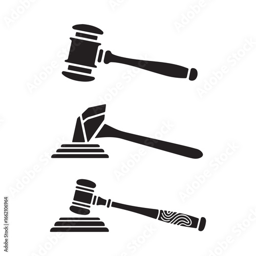 Silhouette icons depicting stylized judge gavels in varying designs.