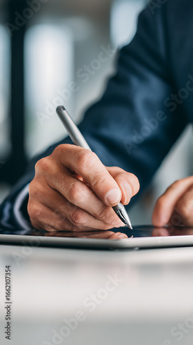 Hand of businessman in suit using stylus pen to write on digital tablet screen technology signature