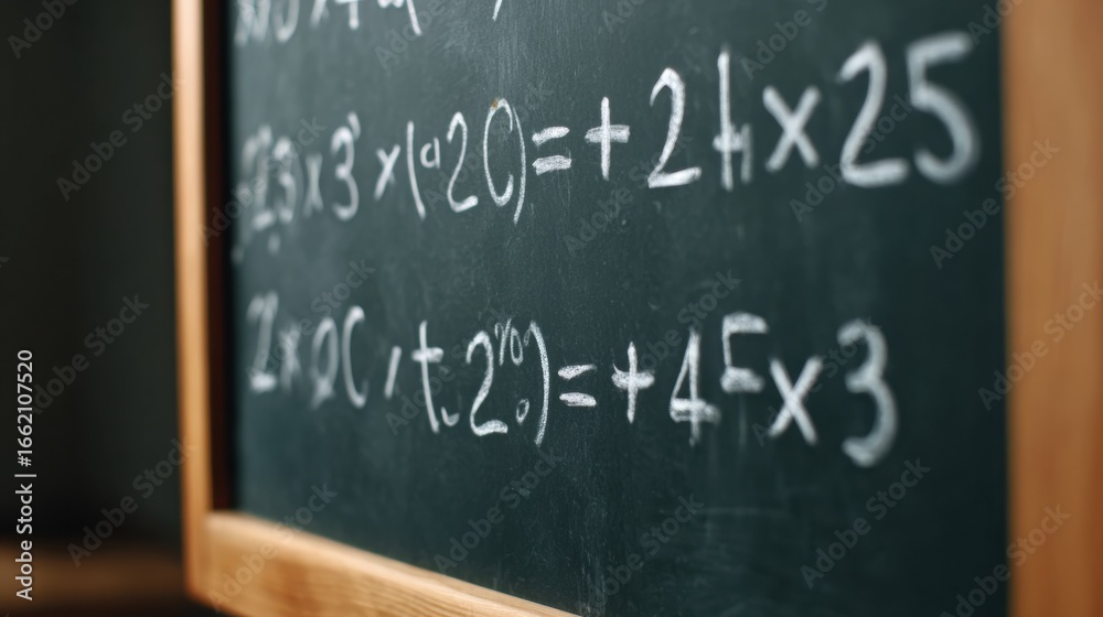 Obraz premium A chalkboard displaying mathematical equations and calculations, illustrating concepts of algebra and arithmetic.