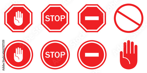 Red Warning and Prohibition Traffic Signs Set – Stop, Alert, No Entry, Restricted Safety Icons in 
Grid Vector Illustration