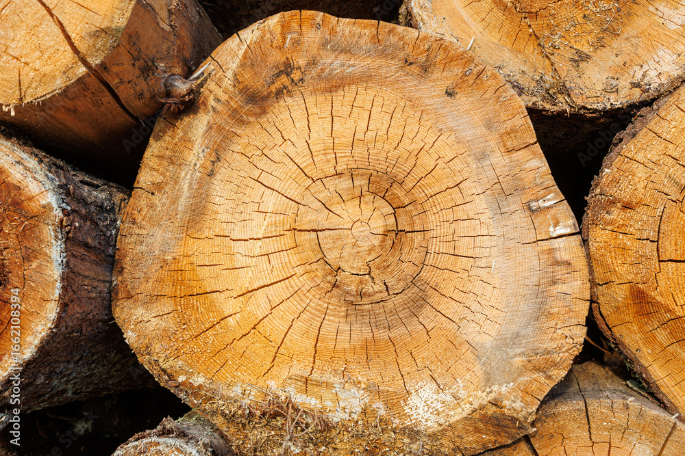 Naklejka premium The end part of the log in close-up, annual rings