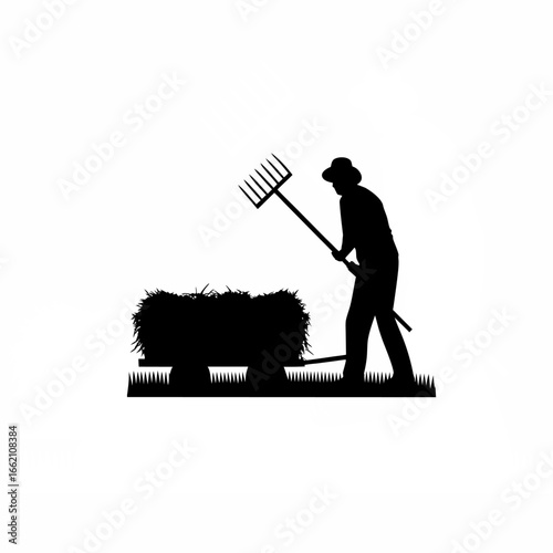 Farmer stacking hay on cart with pitchfork silhouette on white background