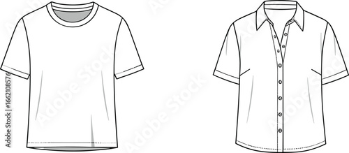 Flat fashion cad drawing of t shirt and button down shirt, vector illustration, apparel design template, clothing sketch, fashion design