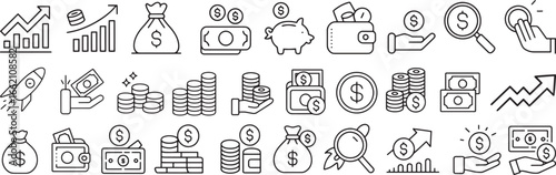 Collection of Minimalist Line Icons for Finance, Money, and Investment

