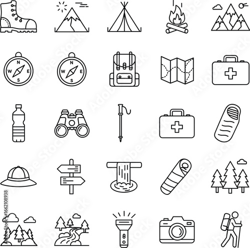 Travel luggage icons set, suitcase, backpack, tote bag, luggage tag, passport, wallet, fanny pack, briefcase, travel coat, duffle bag, toiletries, travel essentials.