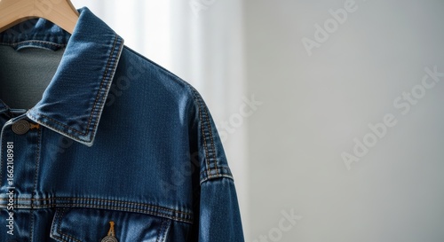 Close-up of blue denim jacket hanging on wooden hanger