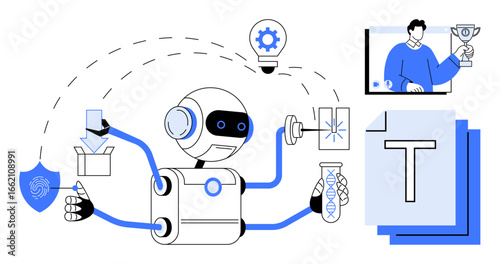Robot performing multitasking including document editing, analyzing data, innovation, creativity, package delivery, research, and organization. Ideal for artificial intelligence, research