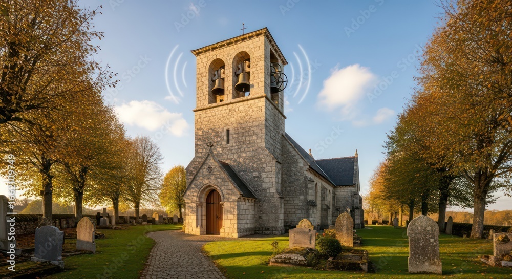 Naklejka premium Stone Church Bells Ringing Out Over Autumnal Cemetery Landscape