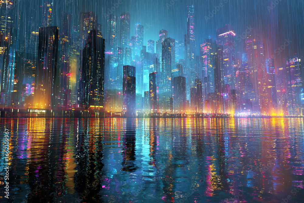 Fototapeta premium Experience the vibrant allure of a futuristic city skyline shimmering through falling rain, its neon lights casting dazzling reflections across the water, evoking a sense of wonder and modern energy.