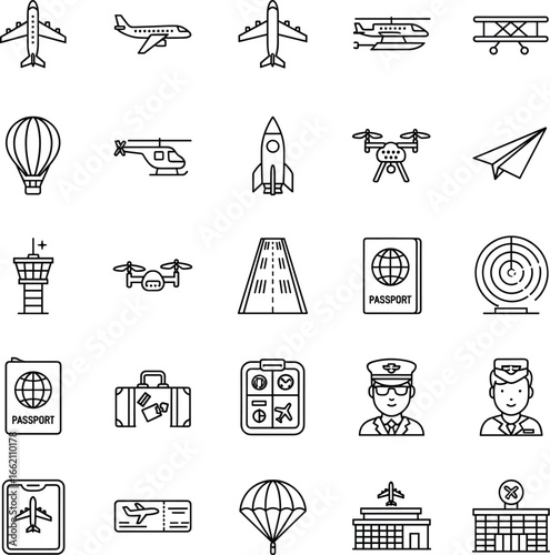 Vector aviation icons set, airplane, helicopter, rocket, drone, hot air balloon, passport, airport control tower, runway, pilot, flight ticket, radar, baggage, air traffic control.