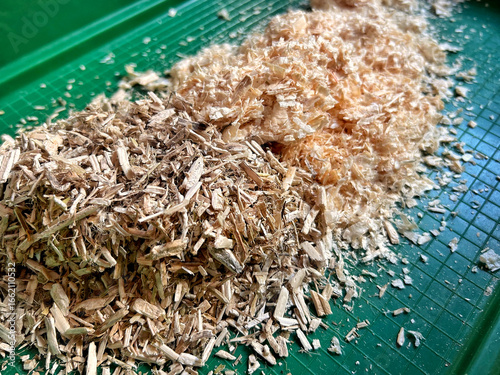 Different types of rodent litter placed inside a green pet tray