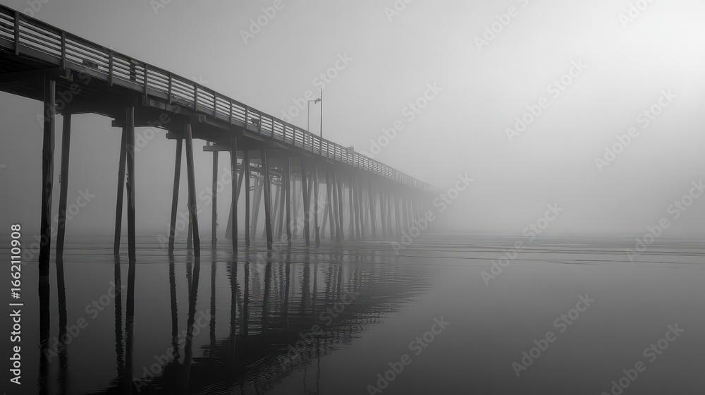 Obraz premium Foggy pier extending into misty ocean; calm water reflects structure; potential use travel brochure