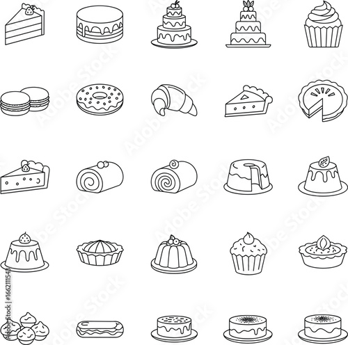 Dessert icons set, outline cakes, cupcake, donut, croissant, pie, tart, pudding, eclair, flan, macarons, bakery sweets, pastry food, vector illustration