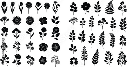 Silhouette botanical vector set with flowers, leaves, and branches for nature-themed designs, invitations, prints, and modern decorative projects