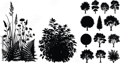 Silhouette bush and wild grass vector set with various leafy shrubs and decorative trees perfect for nature and garden designs.