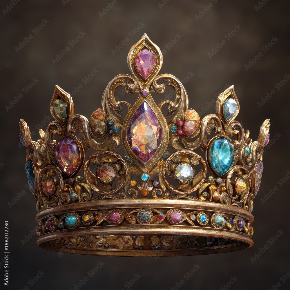 Fototapeta premium Ornate jeweled crown, dark background, regal power, symbolic royalty, graphic design