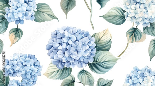 Seamless pattern hydrangea watercolor blossom design on white background
