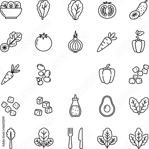 Salad and vegetables outline icons set, lettuce, tomato, cucumber, carrot, pepper, onion, avocado, olives, croutons, olive oil bottle, salad bowl, leafy greens
