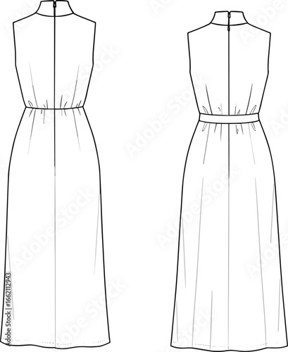 Flat sketch of sleeveless women’s long dress with high neckline, waist seam, elegant silhouette, fashion design vector illustration for clothing