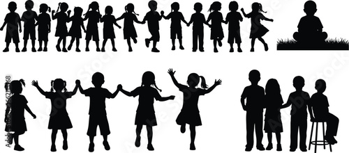Silhouettes of Children Playing, Holding Hands, Running, and Sitting – Vector Illustration for Childhood, Friendship, Community, and School Design Themes