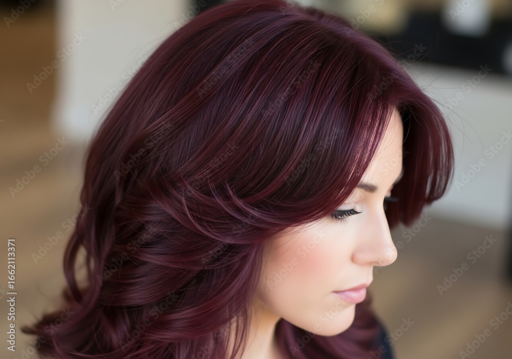 Obraz premium Close-up of a woman with a deep burgundy colored hairstyle.