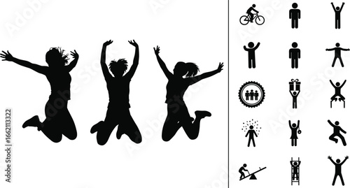 Silhouettes of Happy Jumping Kids and Various Stick Figure Icons Showing Activities, Emotions, and Play – Vector Illustration for Fun