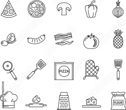 Pizza ingredients and cooking tools outline icons set, cheese, tomato, mushroom, pepper, onion, olive, sausage, bacon, anchovy, pineapple, pizza cutter, spatula, oven mitt, flour bag
