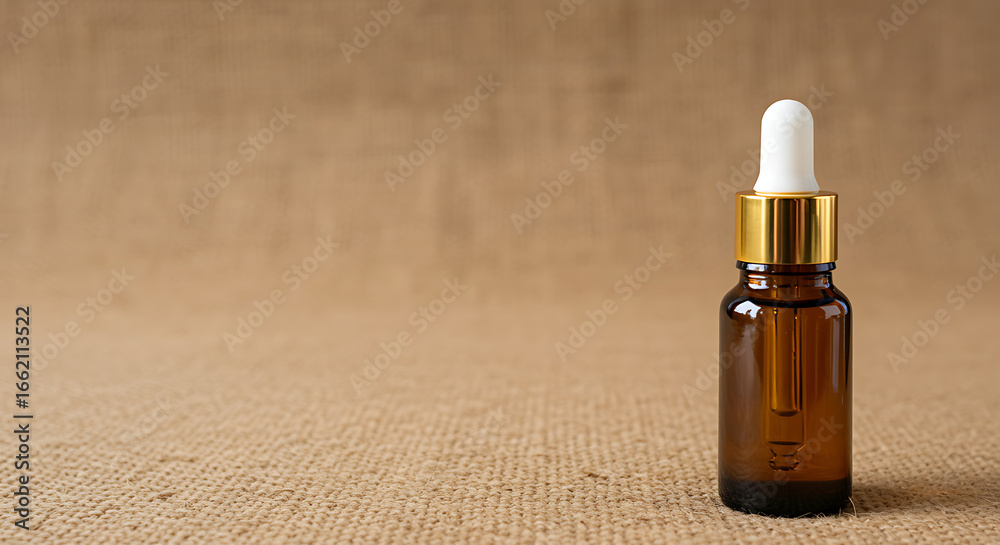 Naklejka premium Amber glass essential oil bottle with gold cap on textured neutral background