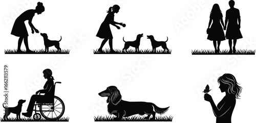 Silhouettes of Women with Dogs, Children, Butterfly, and Wheelchair – Vector Illustrations Representing Care, Companionship, Love, and NatureSilhouettes of Women with Dogs, Children, Butterfly