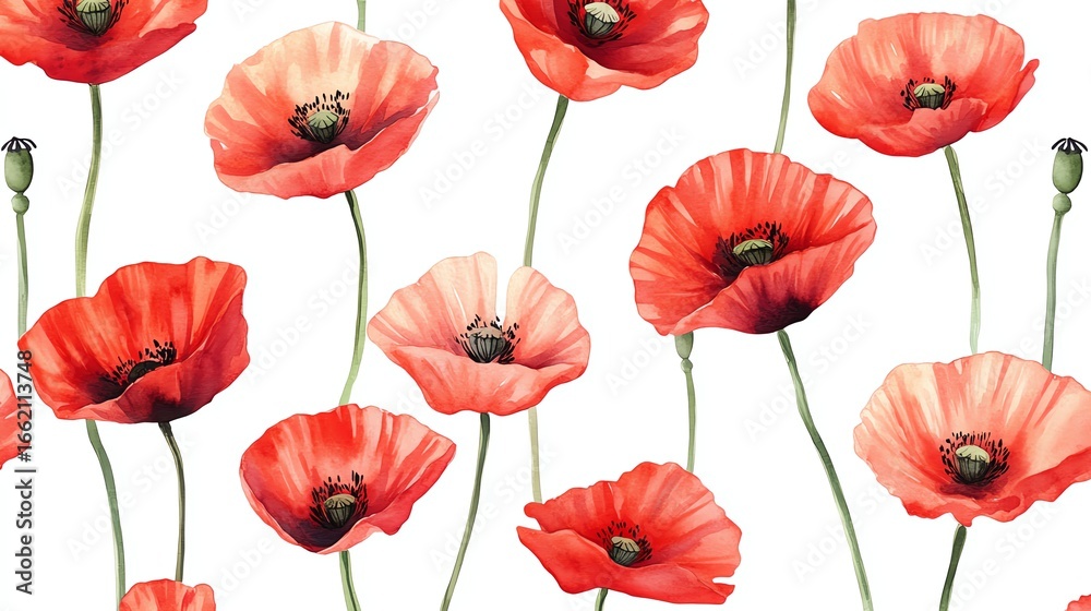 Obraz premium Seamless pattern poppy watercolor red flowers on white background