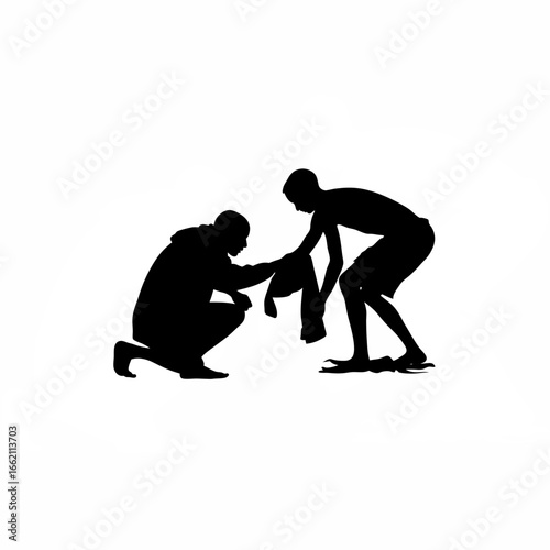 Farmer teaching teenager how to milk cow, crouching together silhouette on white background