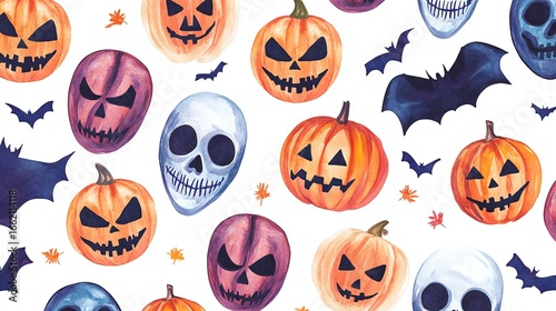 Seamless pattern scary mask watercolor Halloween party theme on white background