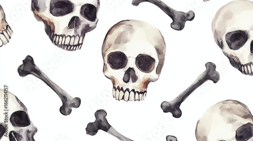 Seamless pattern skull and bones watercolor Halloween style on white background