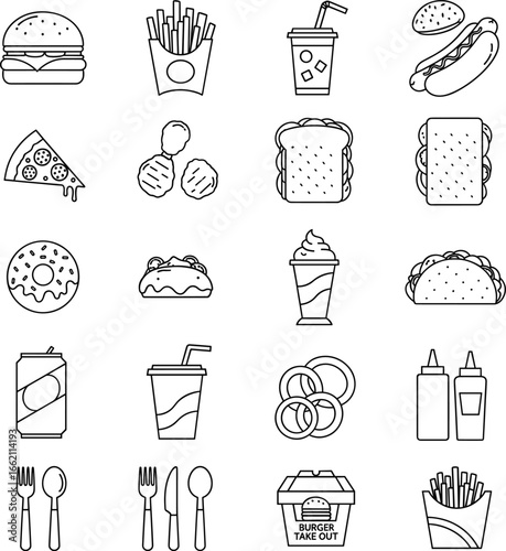 Fast food outline icons set, burger, french fries, soda drink, hotdog, pizza slice, nuggets, sandwich, taco, donut, milkshake, onion rings, sauces, takeout box