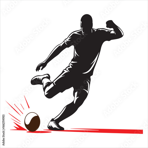 Silhouette of a soccer player kicking a ball with dynamic motion lines