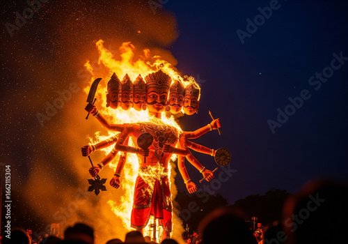 Fiery Ravana Effigy Burning at Night Dussehra Festival