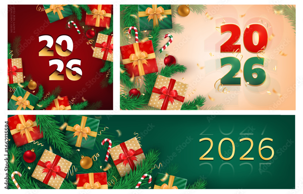 Fototapeta premium Merry Christmas & Happy New Year 2026 greeting banners. 3D numbers on red, green, beige background with realistic fir branches, gift boxes, gold confetti. Holiday cards, wallpapers, social media post.