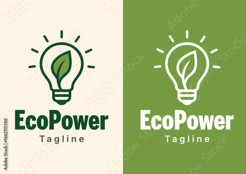 EcoPower Logo Design with Leaf Inside Light Bulb – Green Energy, Eco Friendly Electricity Vector Icon