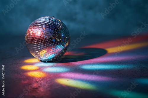 Disco ball reflecting vibrant rainbow colors on a textured surface at a lively dance venue