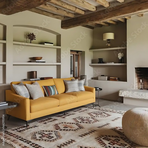Yellow sofa against fireplace and shelves. French country interior design of modern living room.