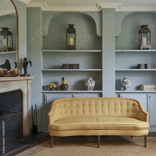 Yellow sofa against the fireplace and shelves. French country interior design of a modern living room.