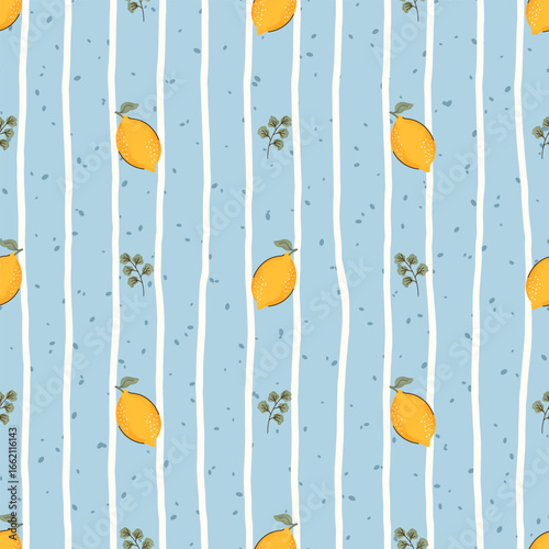 Seamless vector pattern of lemons and leaves on a checkered background. Bright, fresh and summery design ideal for textiles, packaging, kitchen decor and seasonal projects