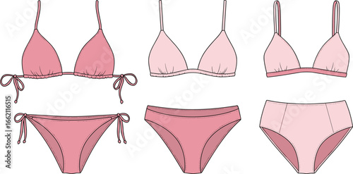 Flat sketch of women’s bikini and lingerie set with triangle bras and panties, fashion design template vector illustration front view