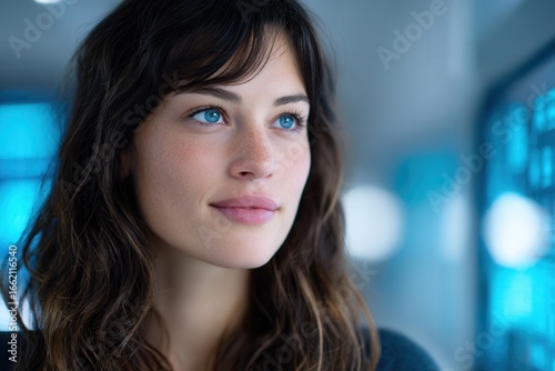 Free Download A young woman with long hair and blue eyes gazes thoughtfully in a contemporary setting, conveying a sense of curiosity and contemplation. - GFXLoad