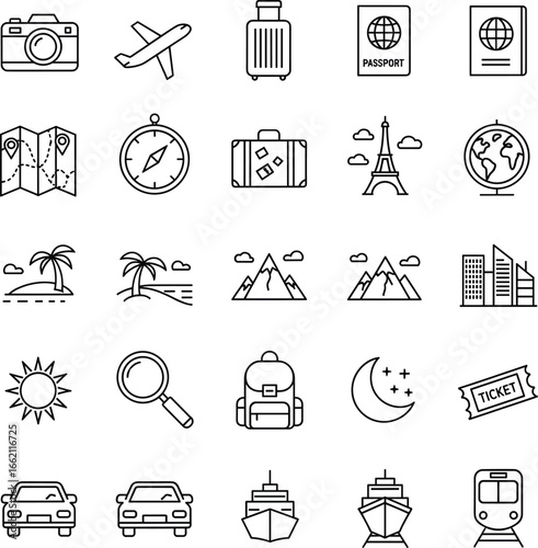 Vector travel icons set, including camera, airplane, suitcase, passport, map, compass, Eiffel Tower, globe, mountain, car, cruise ship, backpack, and ticket.