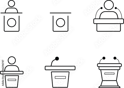 Keynote stage and Podium speaker Vector Icon Set, Pixel Perfect. For Mobile and Web. Contains such icons like stage, microphone, speaking, public, speech, event, seminar etc
