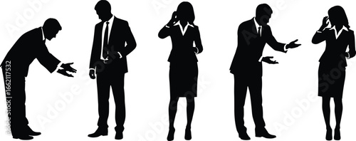 PrintBusinessman and businesswoman silhouettes in formal attire showing various poses like bowing, talking on phone, and explaining gestures.