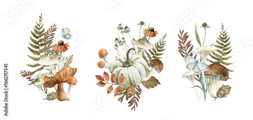 Autumn set of watercolor illustrations with plants. Hand drawn fern, leaves, branches, mushrooms, butterflies and flowers. Objects for design isolated on white background