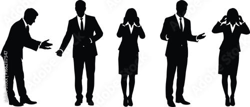 PrintBusiness professionals in formal attire showing gestures including bowing, handshaking, phone conversations, and expressive communication in silhouette vector.