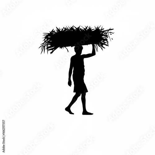 Farmer walking with harvested sugarcane bundle on head silhouette on white background